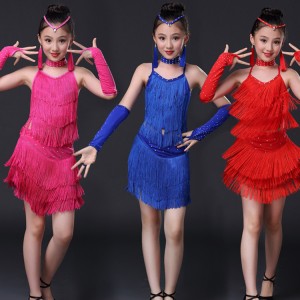 Girls fringes latin dresses red blue pink kids competition stage performance salsa chacha rumba dancing tops and skirts