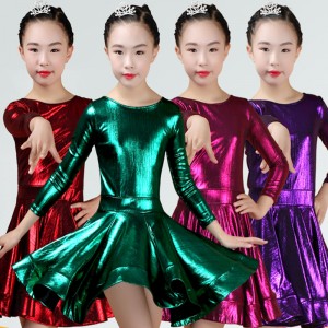 Girls glitter dark green fuchsia  blue competition latin dance dresses salsa dance dress