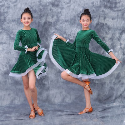 Girls green blue velvet latin dance dresses for kids stage performance latin salsa rumba performance outfits ballroom dance dress for children