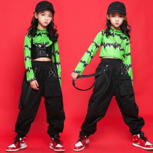 Girls green color modern jazz hip-hop street dance costumes Korean style short length model show photos shooting outfits girls xmas birtday gift clothes