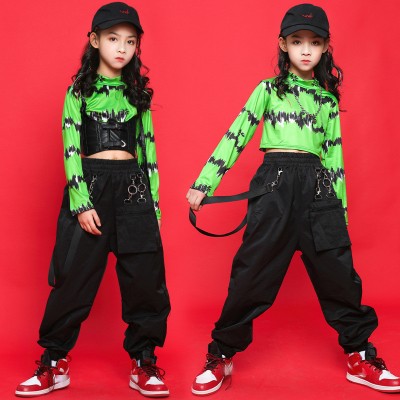 Girls green color modern jazz hip-hop street dance costumes Korean style short length model show photos shooting outfits girls xmas birtday gift clothes