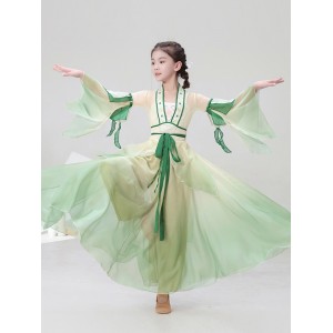 Girls green pink folk dance dresses fairy hanfu classical dance performance costumes flowing girls' Chinese dance body rhyme  ancient classical dance skirt for child