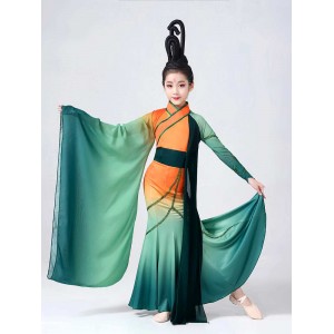 Girls green with orange gradient traditional classical folk dance costumes fairy hanfu umbrella wide sleeves dance dress for kids