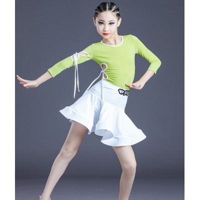 Girls green with white latin dance dresses kids stage performance latin dance costumes modern dance ballroom dance dress 