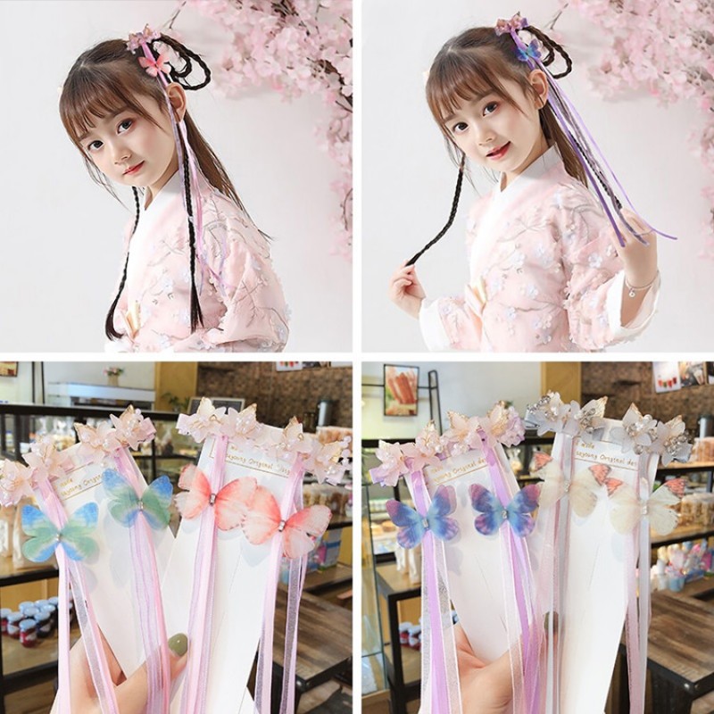 Girls hanfu fairy chinese folk dance costumes butterfly hair accessories hair clip stage performance drama fairy cosplay dresses headdress