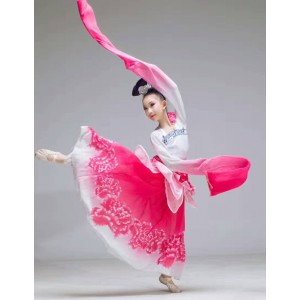 Girls Hot pink chinese fairy folk dance dresses china traditional Classical waterfall sleeve dance costume Chang'e Flying to the Moon Hanfu Dunhuang Feitian dance dress for kids