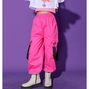 Girls hot pink street cargo pants, Rapper singers hiphop dance performance costumes for Children, gogo dancers jazz dance long trousers for kids