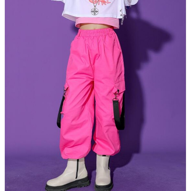 Girls hot pink street cargo pants- Rapper singers hiphop dance performance  costumes for Children- gogo dancers jazz dance long trousers for kids