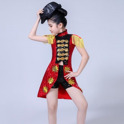 Girls jazz dance outfits street black red paillette modern dance hiphop video stage performance competition tuxedo tops and shorts