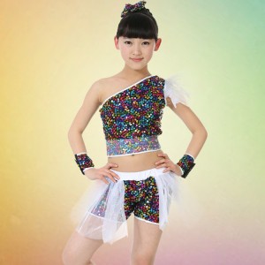 Girls Jazz Dancing Costumes Colorful Sequin tutu Dress Suit Children Stage Perform Wear Garments for Xmas Holiday Party