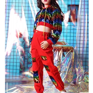Girls jazz hip hop dance costumes modern dance gogo dancers for kids rainbow laser sequin outfits clothes tops and pants