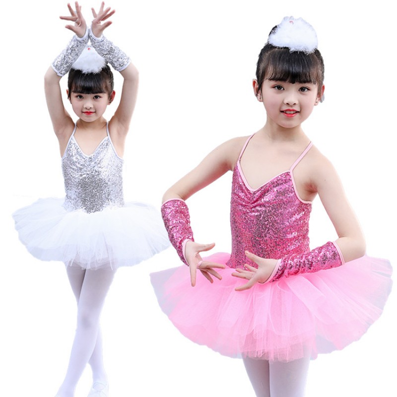 Girls jazz modern dance ballet dresses silver pink chorus choral stage performance costumes dress