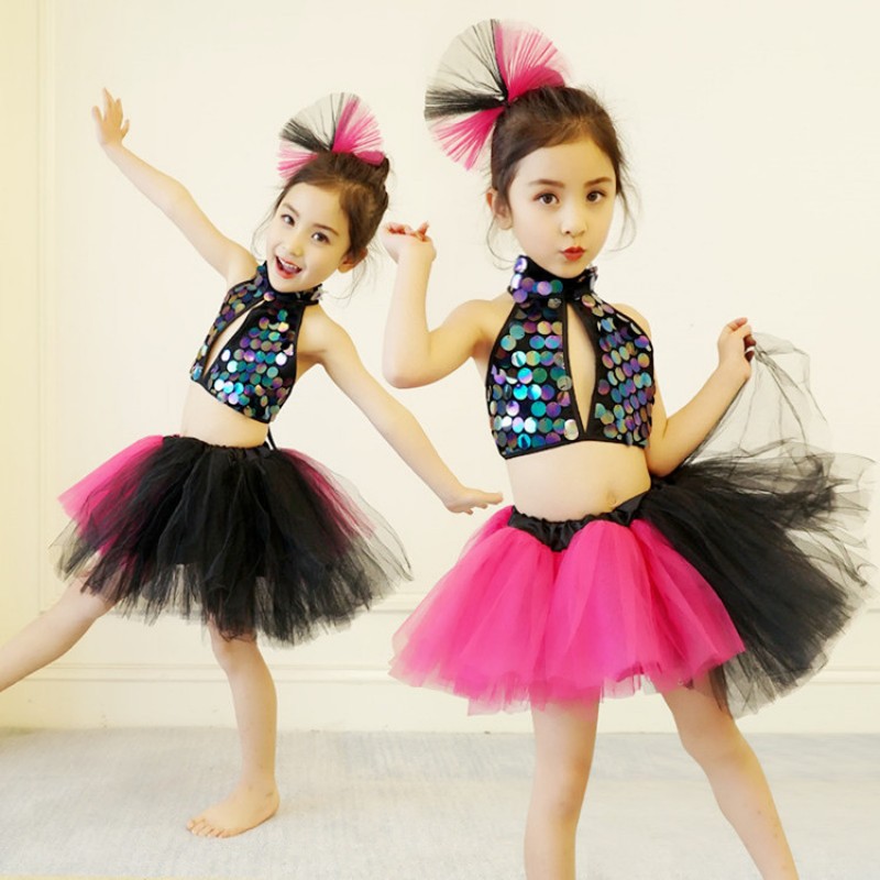 Girls jazz modern dance dresses pink sequin flower dress kids chorus stage performance sequin princess dress