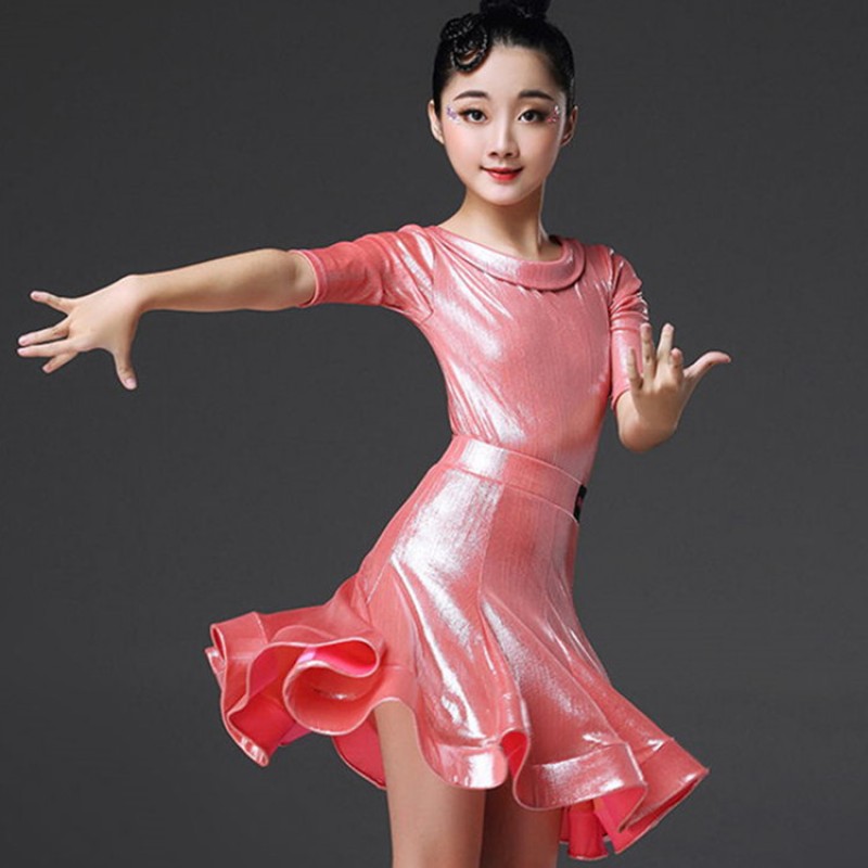 Girl Women latin chacha Ice Skating Dress Competition hot pink Spandex 