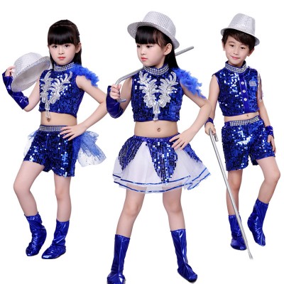 Girls kids baby royal blue sequins jazz dance costumes gogo dancers street dance paillette outfits  princess skirts for kids
