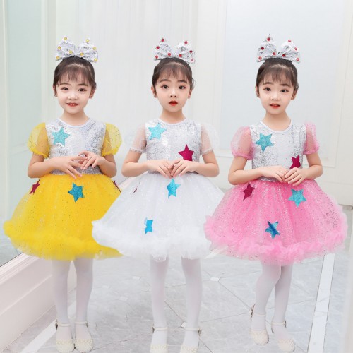 Girls kids baby silver white yellow pink sequined modern jazz dance dress stage performance chorus ballet princess dresses for toddlers