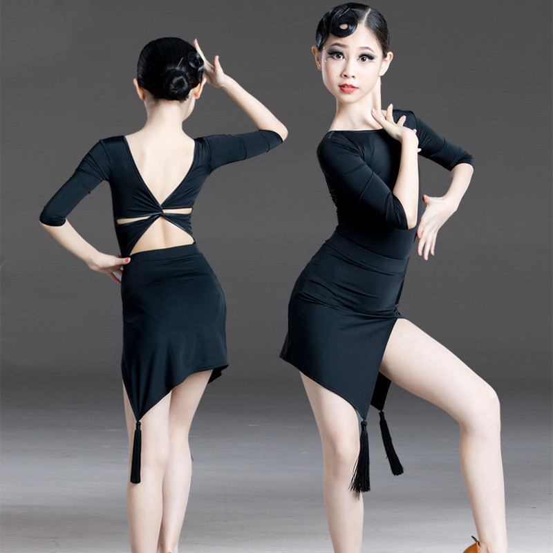 Girls kids black fringe latin dance dresses modern salsa dance