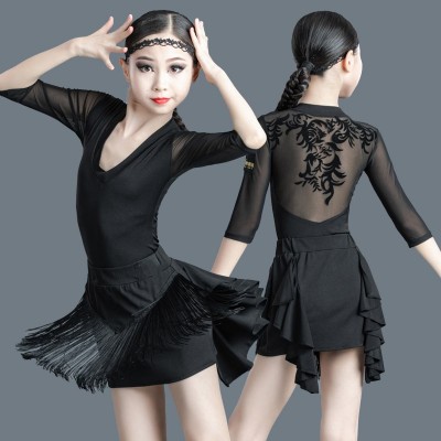 Girls kids black lace flowers latin dance dresses modern dance latin ballroom performance costumes for children girl