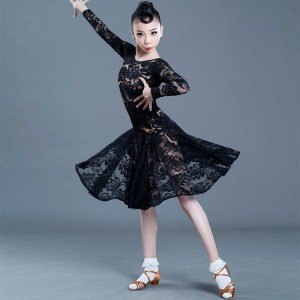 Girls kids black lace long sleeves latin dance dresses children ballrom dance clothes latin dance costumes for children