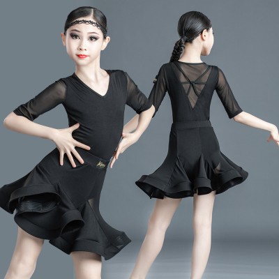 Girls kids black lace mesh latin dance dresses  salsa junior kids  ballroom performance clothes for children