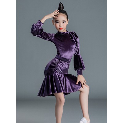 Girls kids black purple velvet competition latin dance dress modern latin ballroom dance costumes for girl