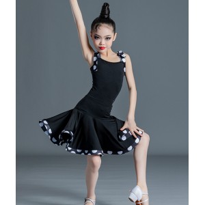 Girls kids black toddlers red polka dot latin dance dress modern salsa latin stage performance outfits for children