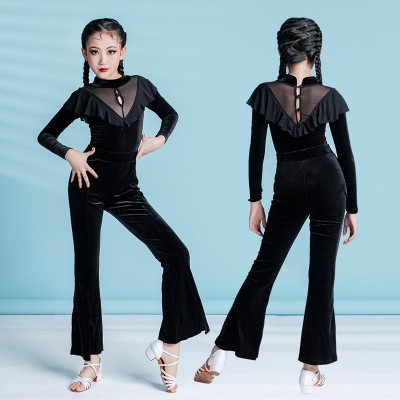 Girls kids black velvet latin dance costumes children ballroom stage performance leotard top and pants outfits for  baby