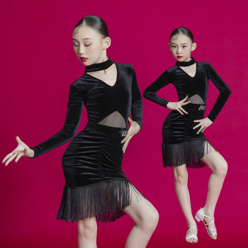 Girls kids black velvet latin dance dresses fringe tassels ballroom salsa chacha dance costumes for  children