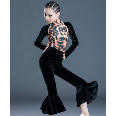 Girls kids black velvet leopard printed latin dance dresses modern ballroom latin dance tops and pants for children