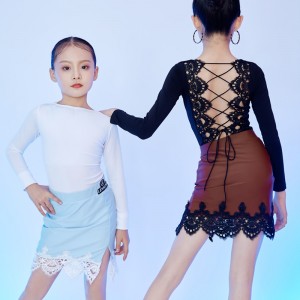 Girls Kids black white lace latin dance dresses  modern dance ballroom latin stage performance costumes for girl