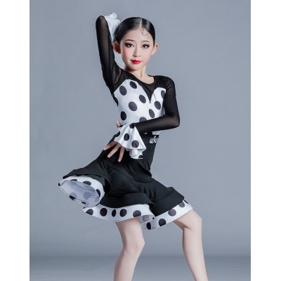 Girls kids black white polka dot latin dance dresses ballroom latin salsa tango stage performance costumes modern dance outfits for children