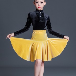 Girls kids Black with Gold Velvet Latin Ballroom Dance Dresses Salsa Cha Cha Rumba Dance Wear Clothing For Children
