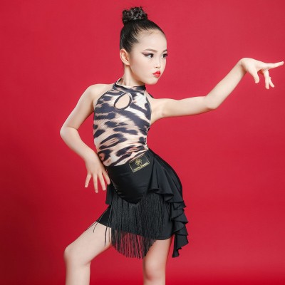 Girls kids black with leopard patchwork latin dance dresses sleeveless modern dance latin dance outfits for children