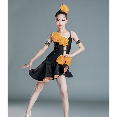 Girls kids black with orange flowers competition latin dance dress professional latin dance costumes with gemstones for children