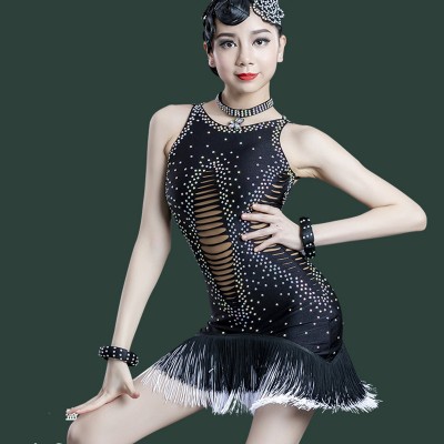 Girls kids black with red fringed competition Latin dance dresses Children Diamond Performance Costume Black tassel latin dance costumes