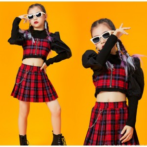 Girls kids black with red plaid jazz hiphop rapper dance costumes for children group performance clothes cheerleading uniforms girls walking tide model show suit