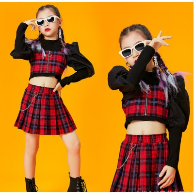 Girls kids black with red plaid jazz hiphop rapper dance costumes for children group performance clothes cheerleading uniforms girls walking tide model show suit