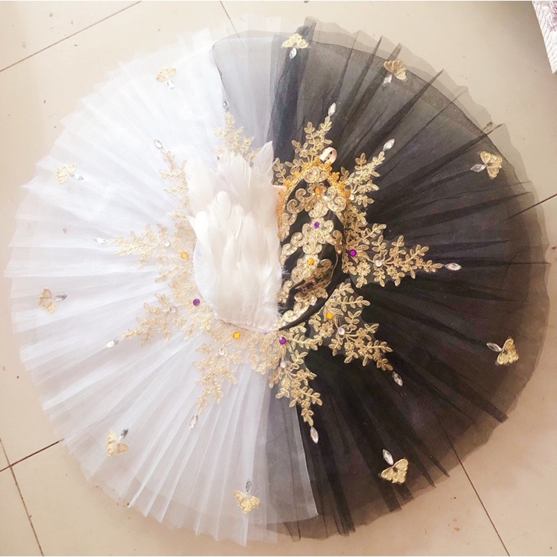 Girls kids black with white ballet dance dress tutu skirt children feather  classical pancake ballerina stage