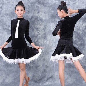 Girls kids Black with white fringed Latin dance costume child girl Professional latin ballroom dance dress stage performances and competition dress for children