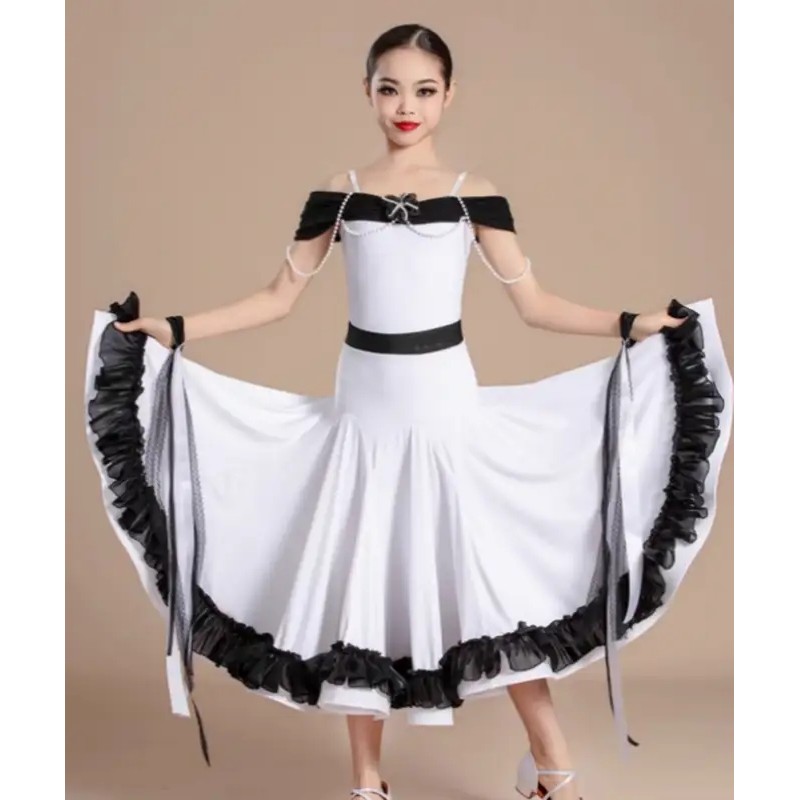 Girls kids black with white lace ballroom dance dresses children waltz tango foxtrot smooth dancing long gown for Girl