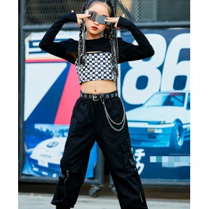 Girls kids black with white plaid hiphop street rap Jazz dance costume girls gogo dancers singers stage performance outfits for girls