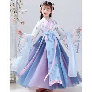 Girls kids Blue Floral Hanfu Chinese Princess film Drama cosplay fairy Dress for Baby Children Chinese Folk Dance Dresses 