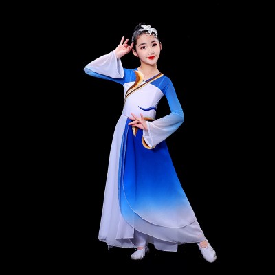 Girls kids blue fuchsia gradient Chinese folk Classical dance costumes modern Chinese umbrella fan fairy princess dance performance clothes hanfu solo long dress