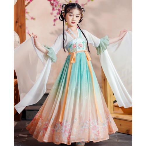 Girls kids Blue Pink Fairy Hanfu Gradient Chinese Folk Dance Dresses  Classical Dance Costumes Film Drama Cosplay Kimono Dresses for Baby
