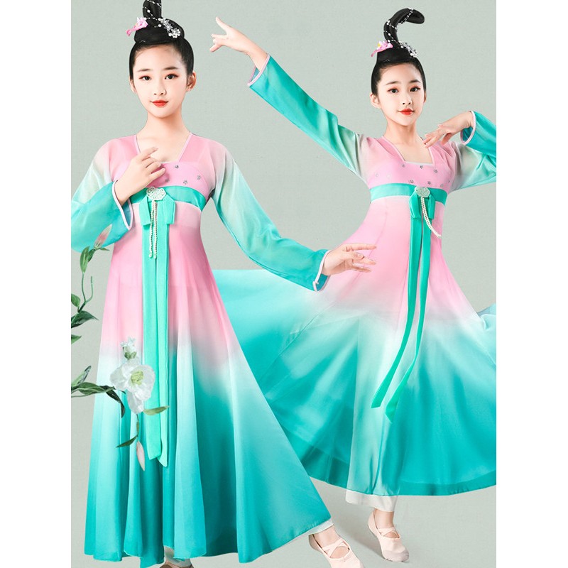 Girls kids blue pink hanfu fairy dress chinese folk Fan umbrella classical dance costumes Han and Tang classical princess dance performance clothes 