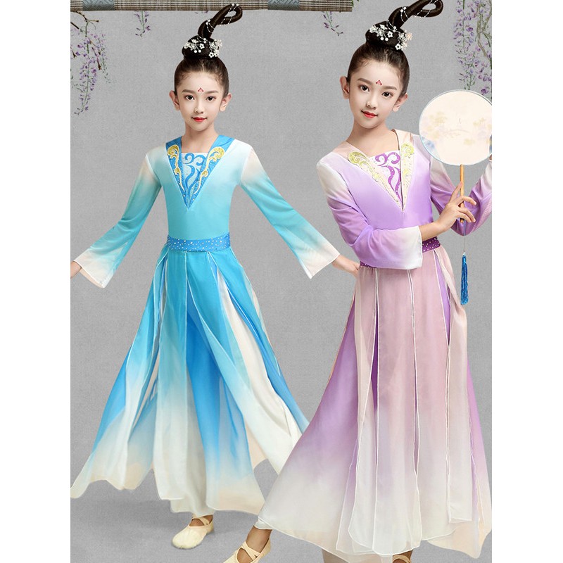 Girls kids blue purple chinese ancient traditional folk classical dance costumes hanfu fairy princess dresses baby chinese folk dance dress for children 