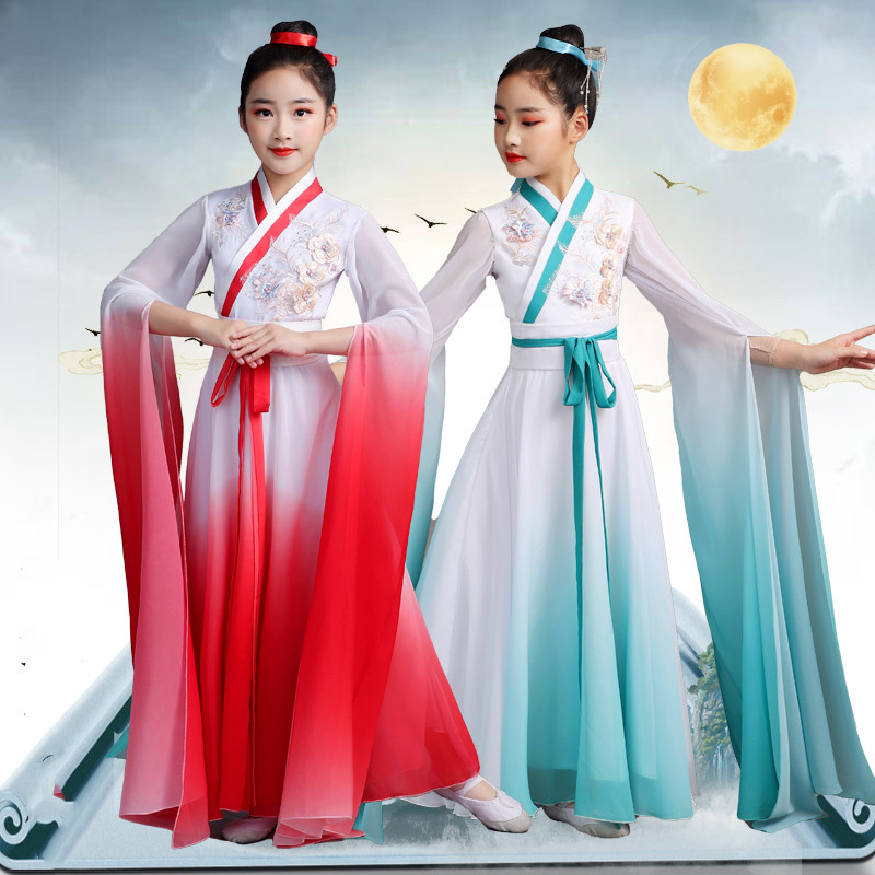 Girls kids blue red Gradient  Waterfall sleeves Chinese fairy princess Hanfu Traditional folk Classical dance costumes for children