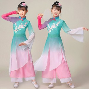 Girls kids blue with pink gradient chinese folk dance dress hanfu fairy dresses for children classical yangge princess fan umbrella dance costumes for Girls