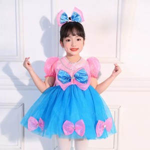 Girls kids  Blue with Pink Jazz Dance Costumes Princess Dresses Toddlers Stage Performance Choir Dancers Performance Tutu Skirts for Children