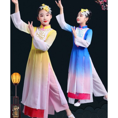 Girls kids blue yellow gradient Chinese folk classical dance costumes hanfu fairy princess yangge fan umbrella dance qipao dress Peking Opera dance clothes for Children
